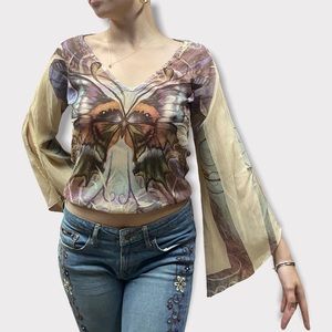 Early 2000s All Over Print Sheer Butterfly Top